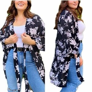 SPIRITUAL GANGSTER Maya Kimono Black White Floral Pockets Tie Belt, OSFM